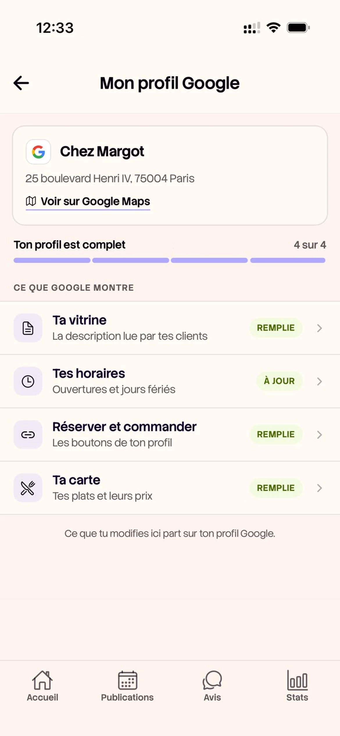 L’écran Mon profil Google de MyClerk